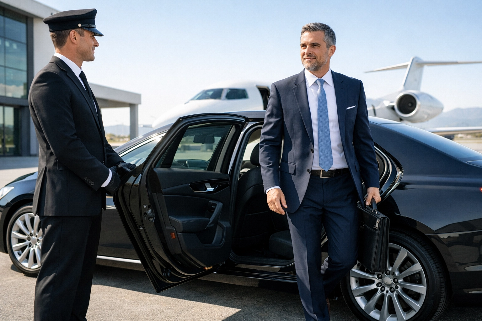Professional chauffeur greeting an executive at a private terminal for seamless luxury travel.