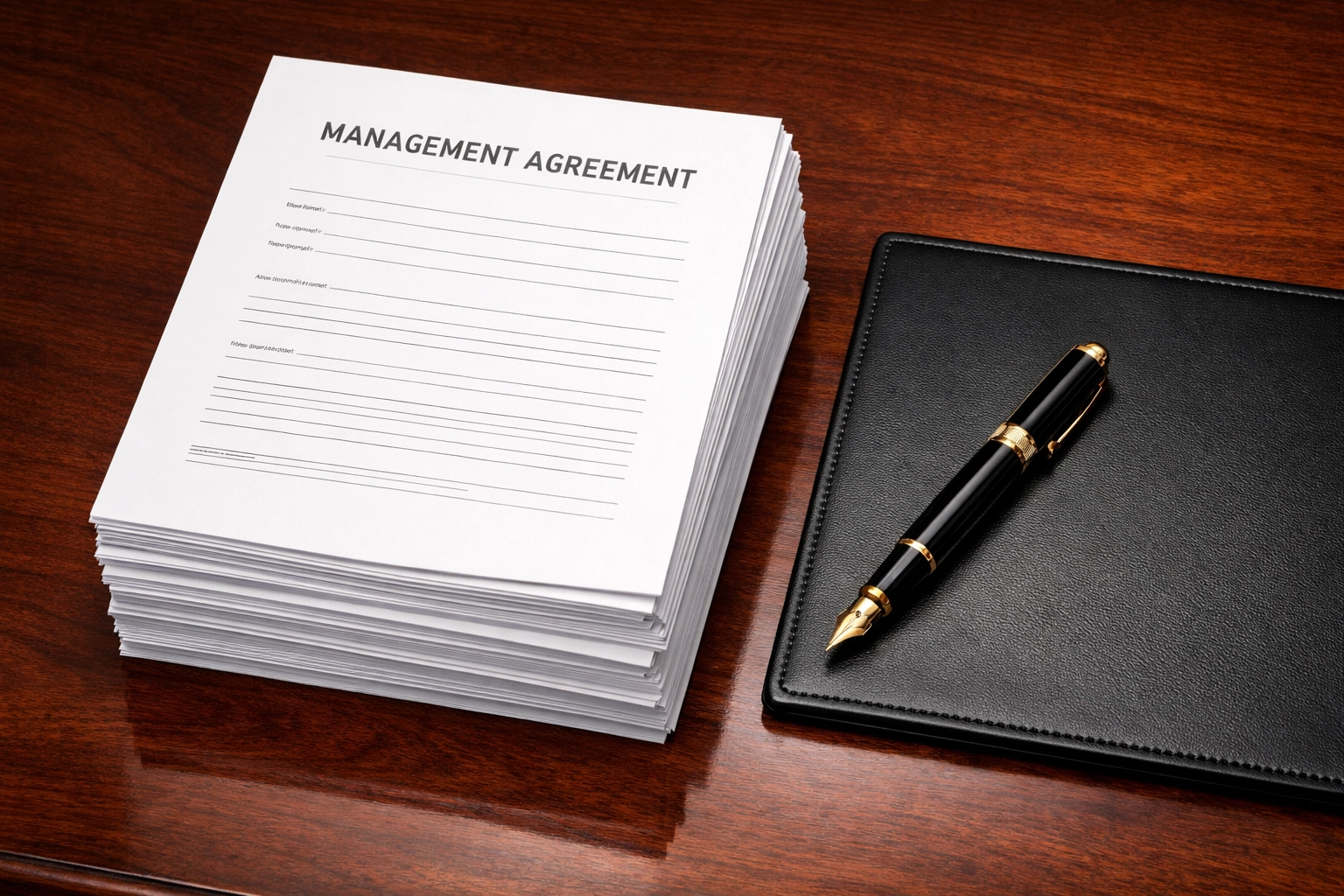 Organized property management agreements on a desk during a business sale due diligence review.