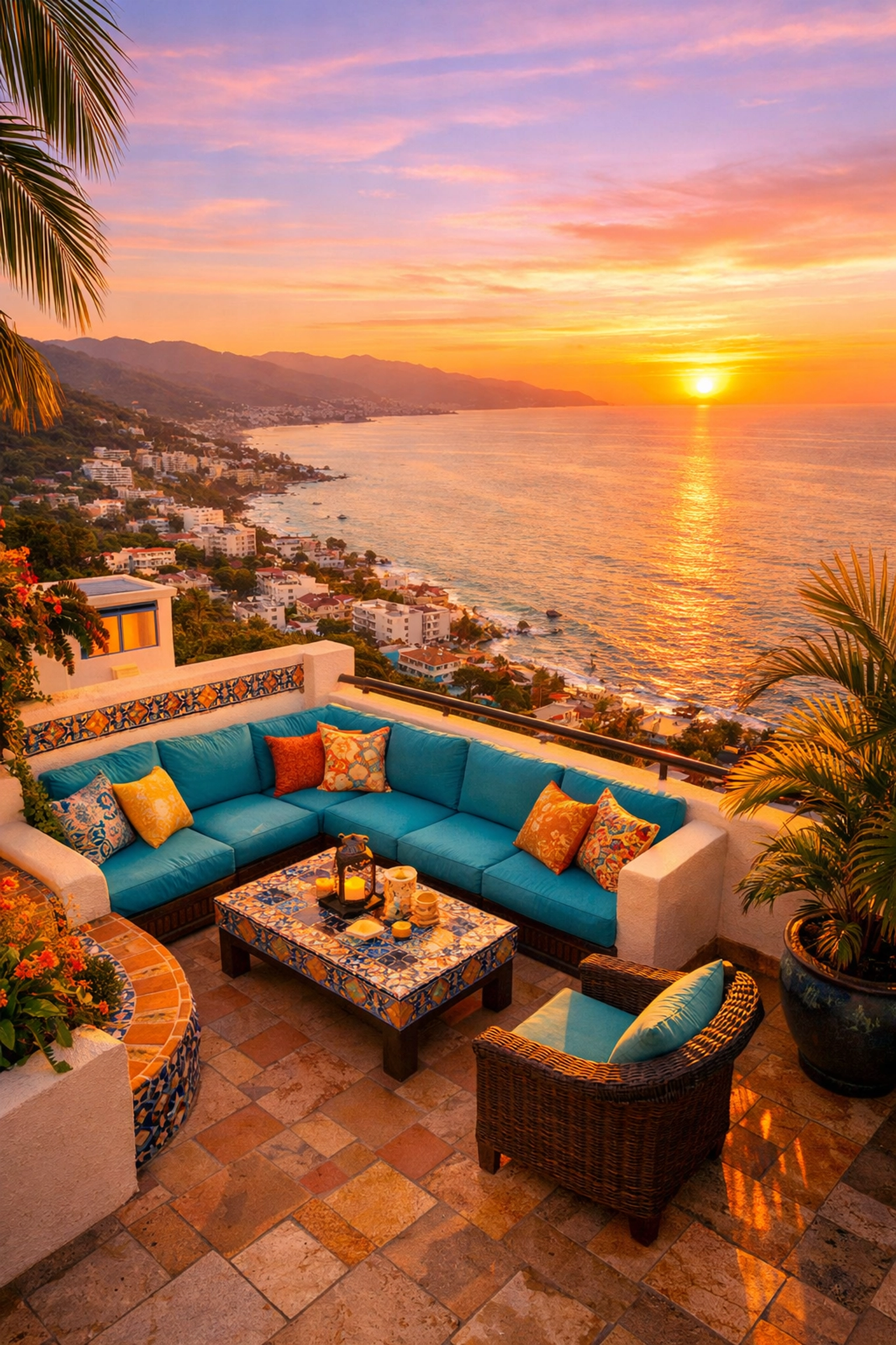 Amapas condo terrace overlooking Banderas Bay at sunset in Puerto Vallarta