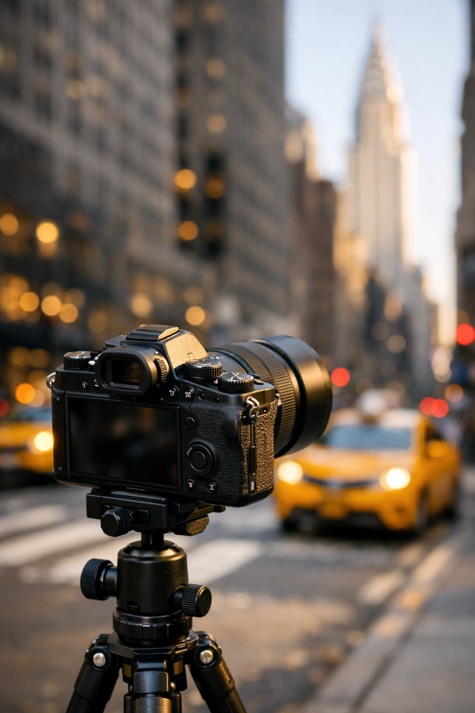 Professional photography gear set up in Midtown with the Chrysler Building as a backdrop.
