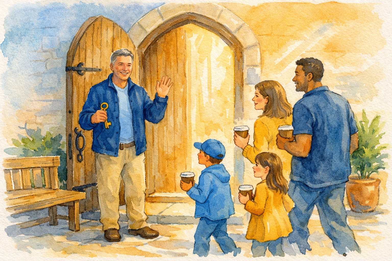 Church greeter warmly welcoming family at entrance on Sunday morning with open door and hospitality