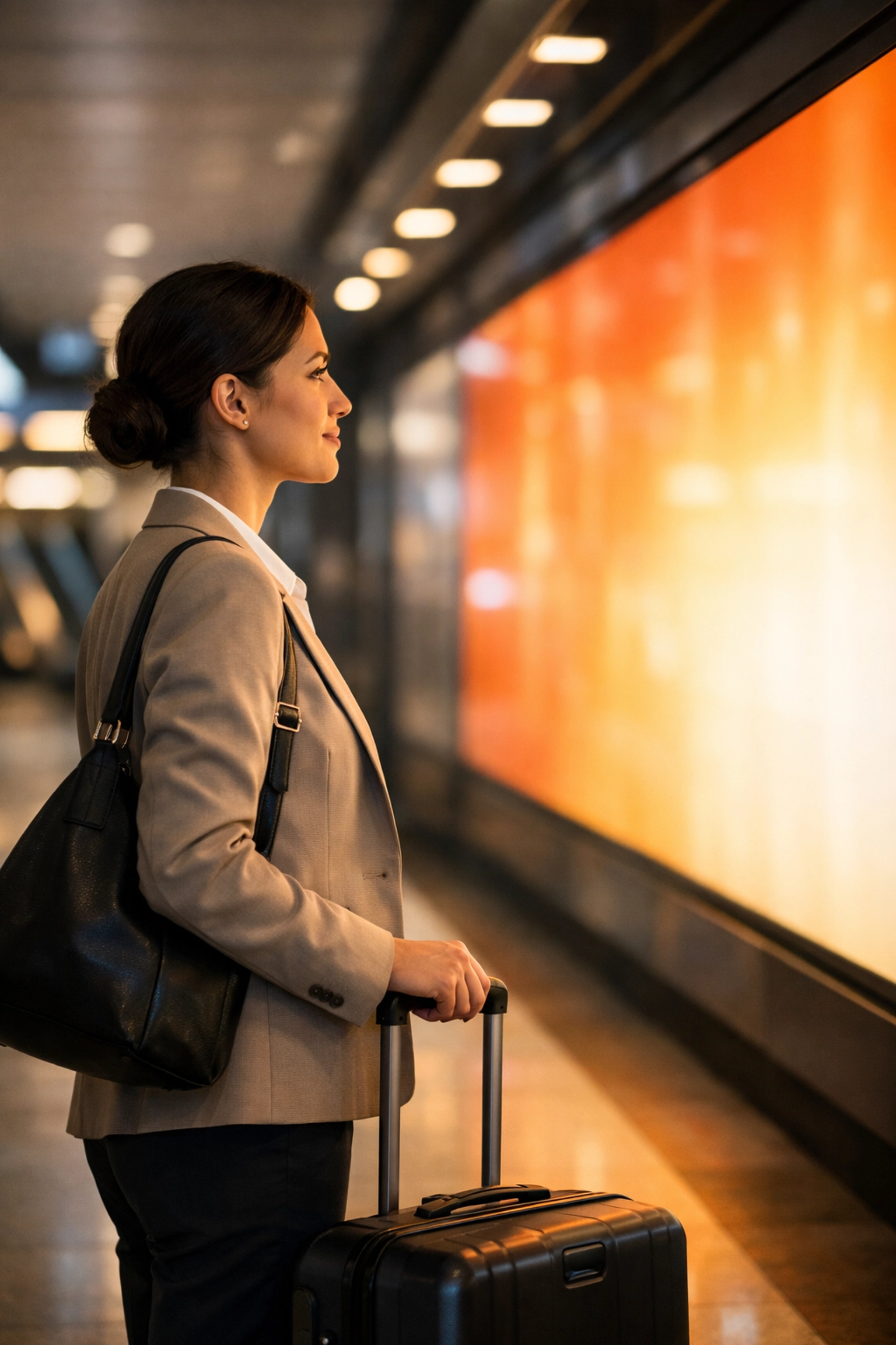Commuter engaging with a large-format digital signage display in a modern subway station transit hub.
