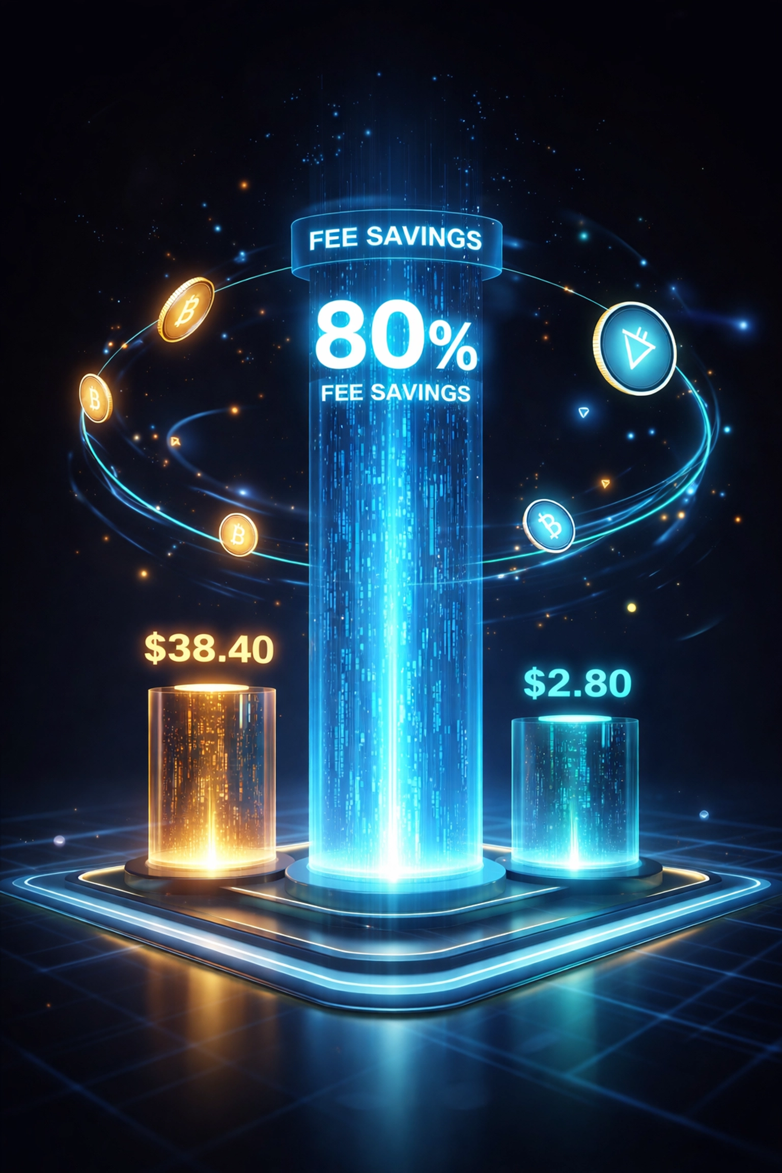 Futuristic dashboard highlighting dramatic crypto transaction fee savings for Larecoin versus NOWPayments and CoinPayments.