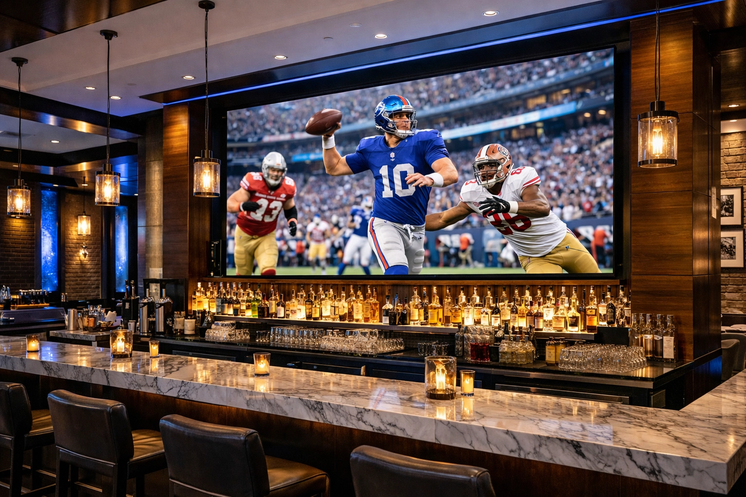 Strategic digital signage placement inside a high-end New York sports bar for targeted venue advertising.