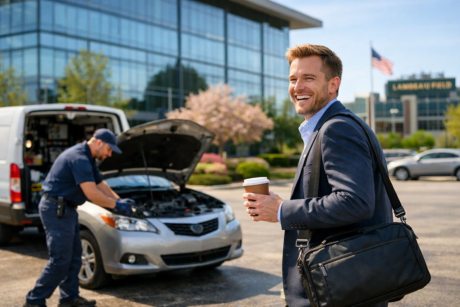 Office worker smiling as a mobile mechanic near me performs on-site vehicle maintenance in a Green Bay corporate parking lot.