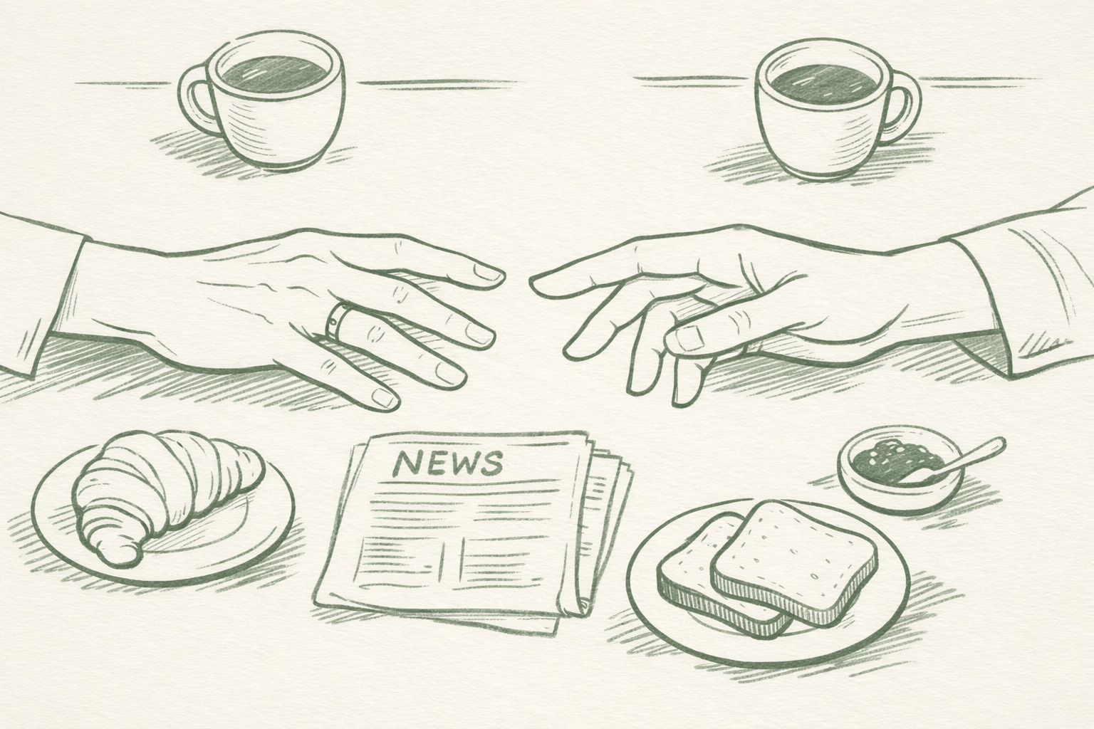 Hands nearly touching across kitchen counter with wedding ring visible in gay taboo romance scene