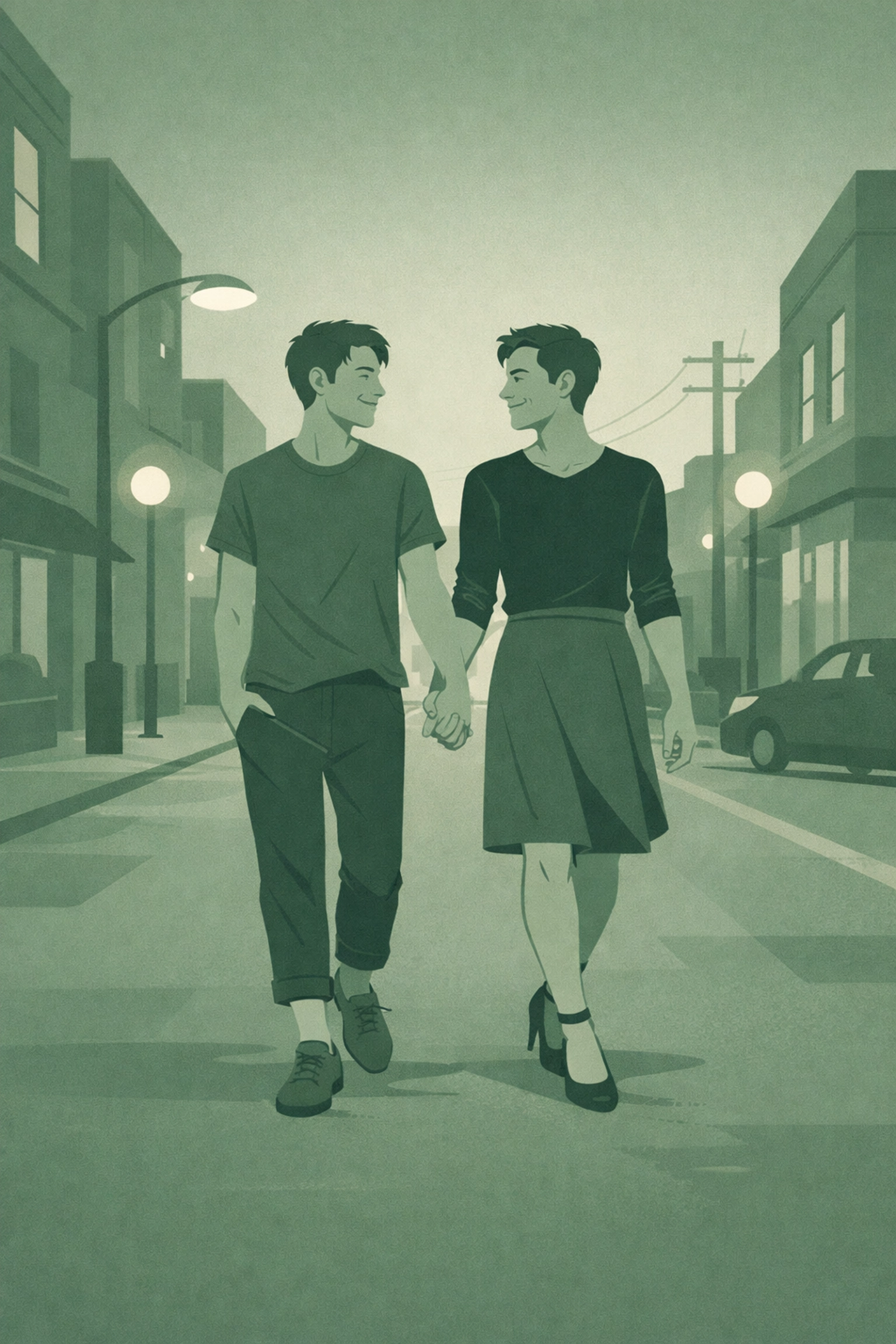 Gay couple walking confidently in public wearing gender-nonconforming fashion