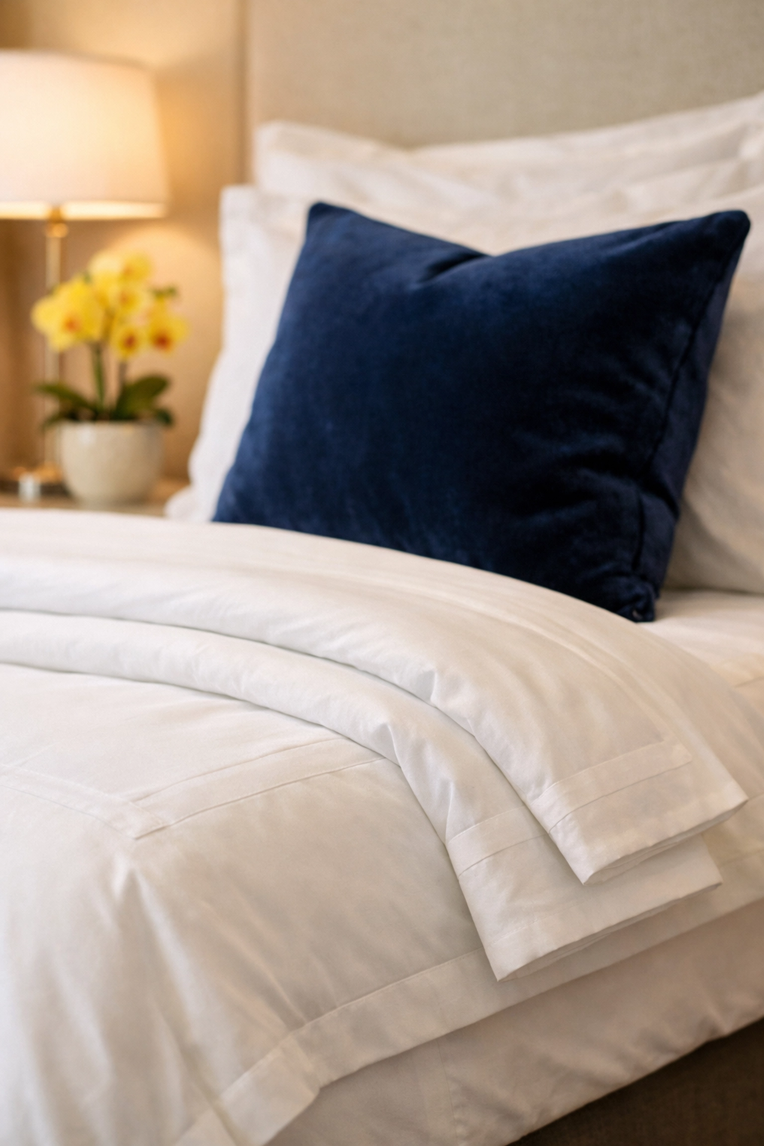 Freshly made bed with crisp linens showcasing precision and quality of a professional weekly house cleaning service.
