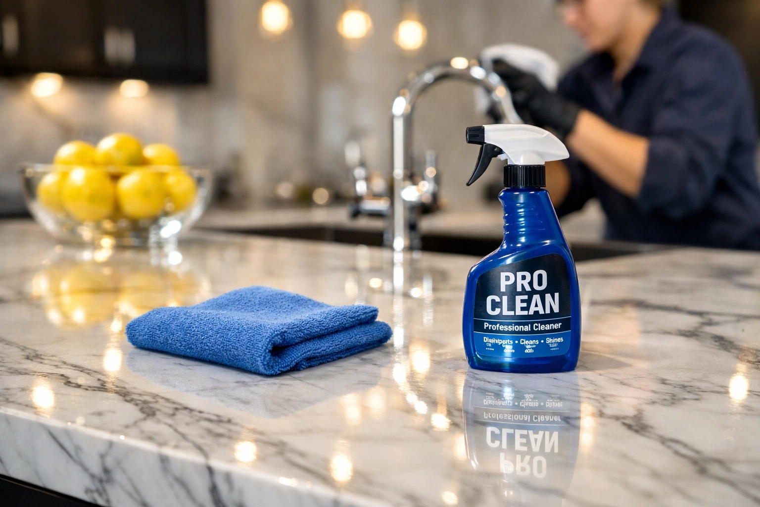 Polished marble kitchen island after expert house cleaning services MA in a high-end residential home.