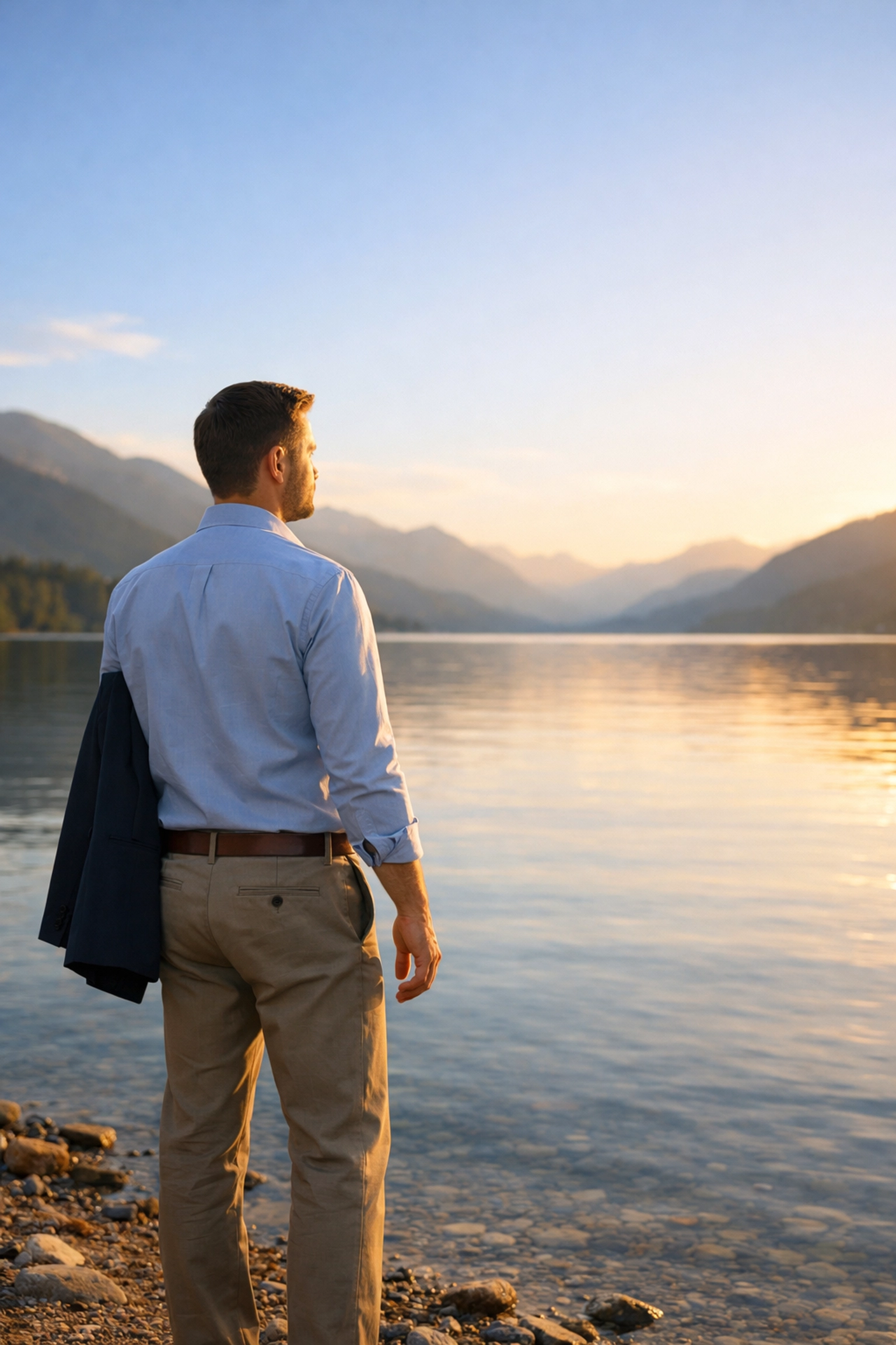 Leader practicing mental resilience through intentional pause and recovery by peaceful lake