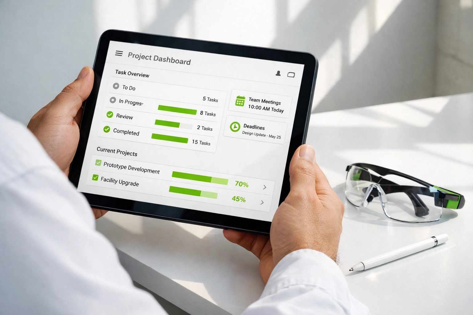 Tablet displaying automated estimate follow-up workflows for professional construction businesses.
