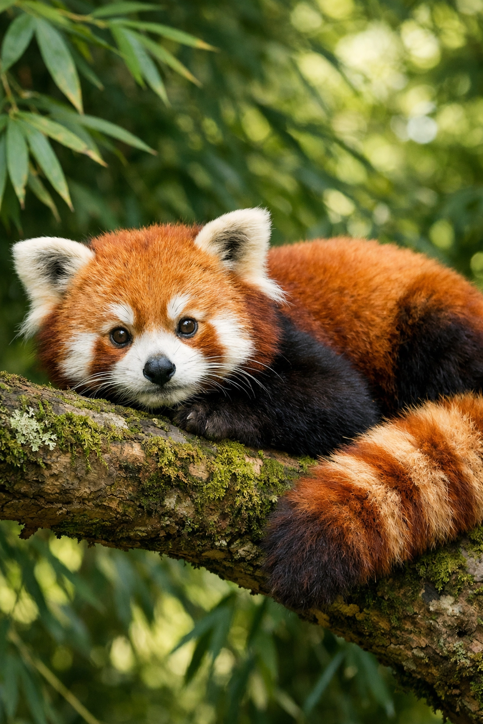 Close-up of a Red Panda on a branch, highlighting rare species photography for marketing.