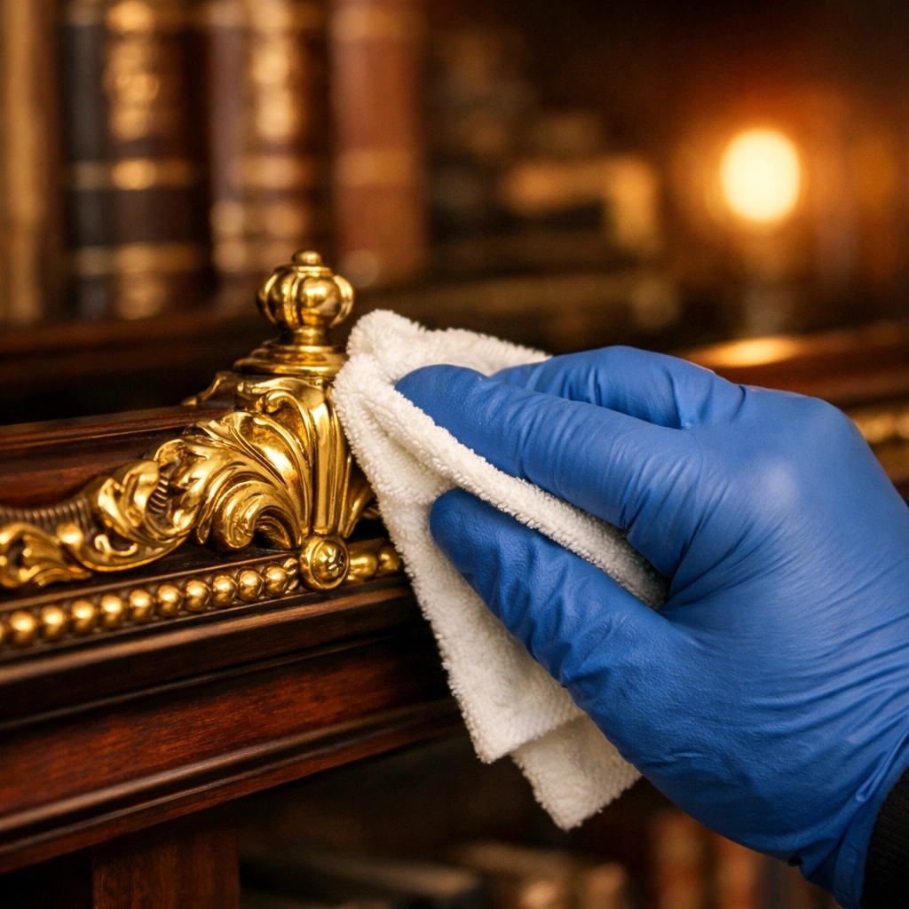 Professional residential cleaning Massachusetts expert meticulously dusting a luxury home library.