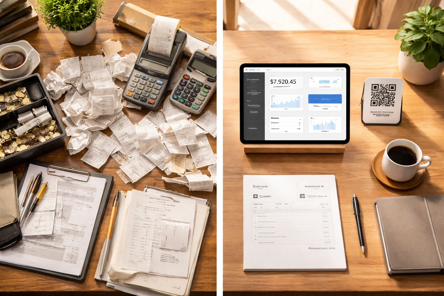 Small business desk comparing chaos of paper receipts to a streamlined QR code setup, highlighting digital POS simplicity