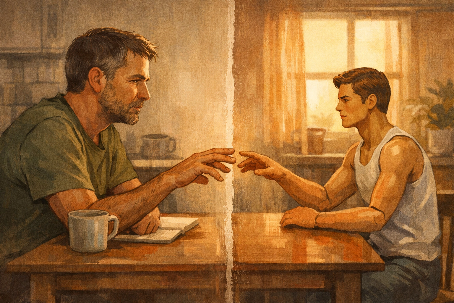 Gay man reaching toward realistic doll across table showing emotional connection with inanimate partner