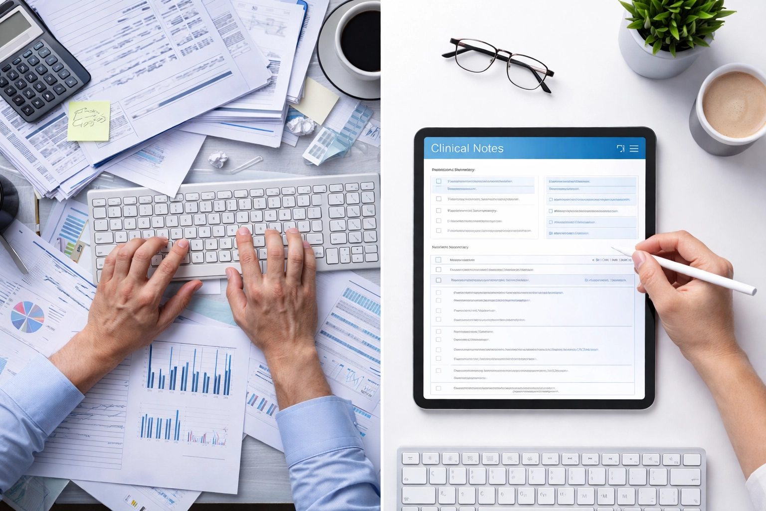Split-screen of cluttered desk with paper charts versus clean tablet workspace, highlighting AI-driven efficiency in medical documentation