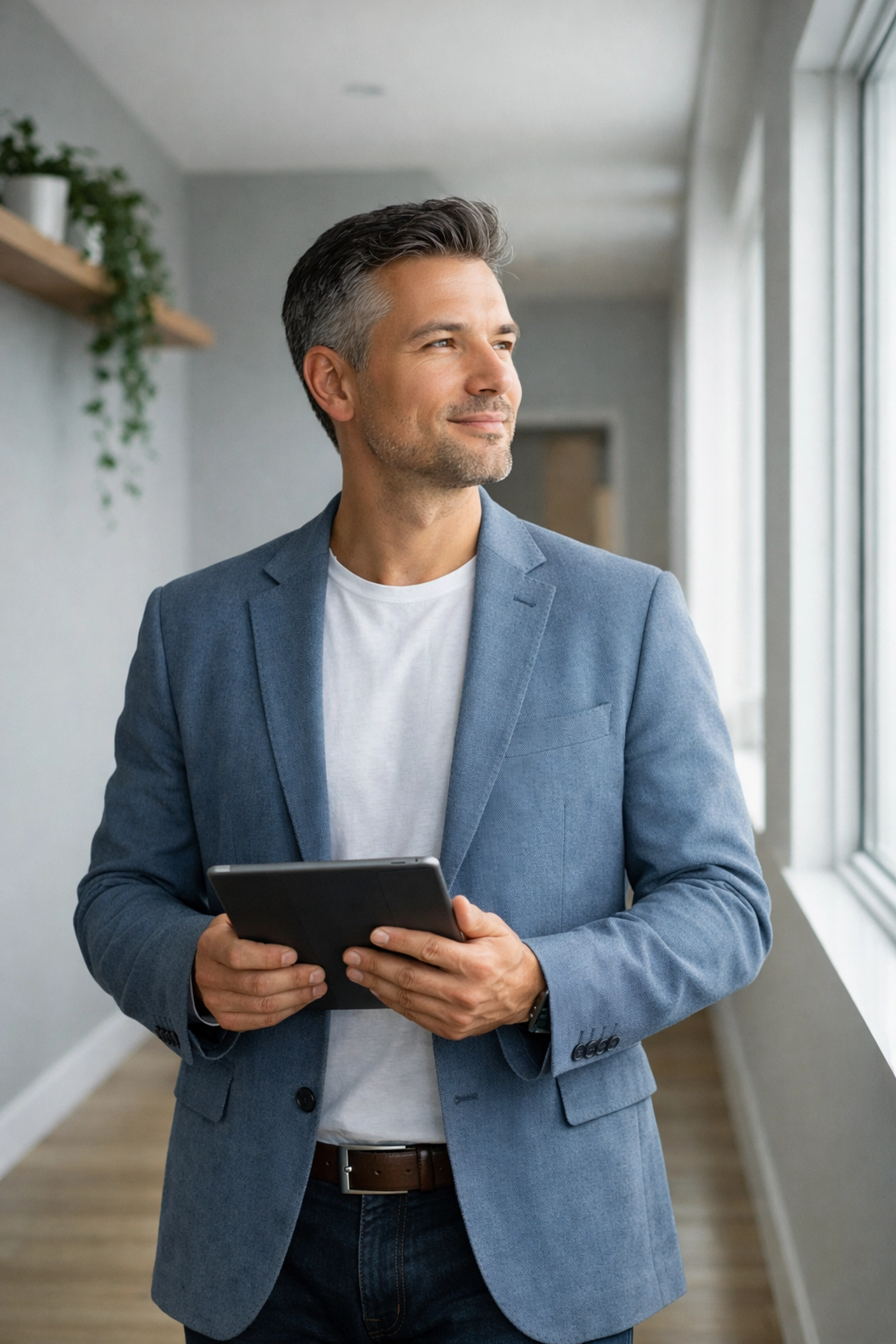 Confident founder with a tablet representing financial clarity and successful startup scaling.