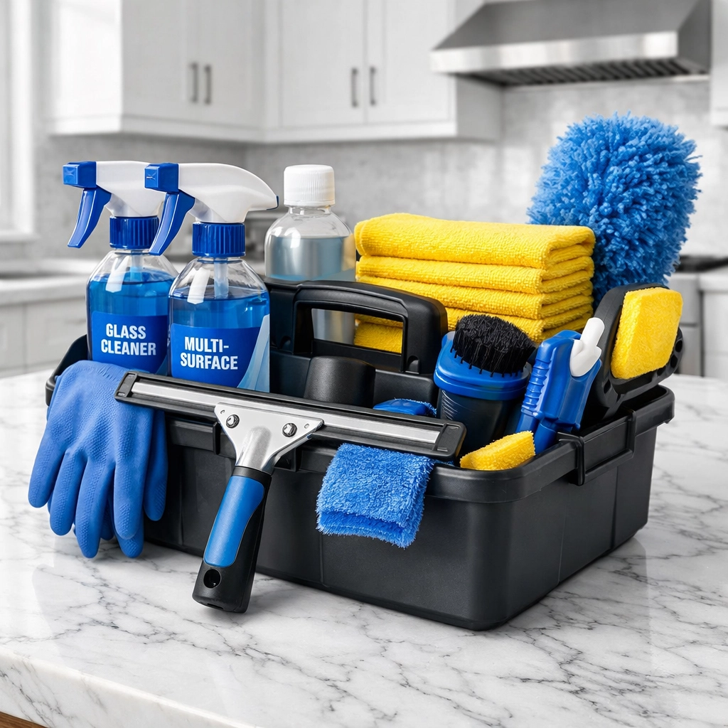 Organized cleaning supplies and caddy on a marble countertop for top-tier house cleaning in MetroWest South.