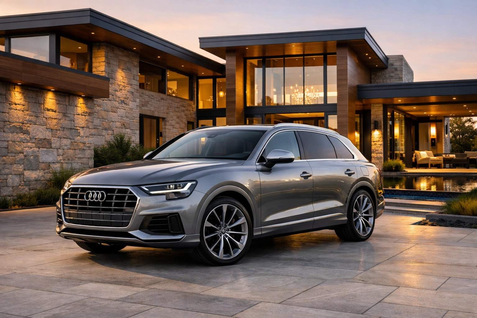 Luxury SUV at a modern Connecticut home illustrating the need for personal umbrella insurance and asset protection.