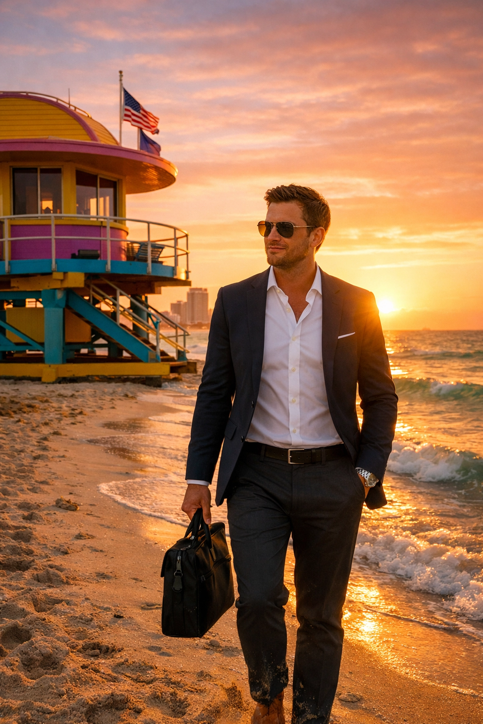 Lifestyle brand photography at a Miami Beach spot featuring a professional at golden hour near an Art Deco tower.
