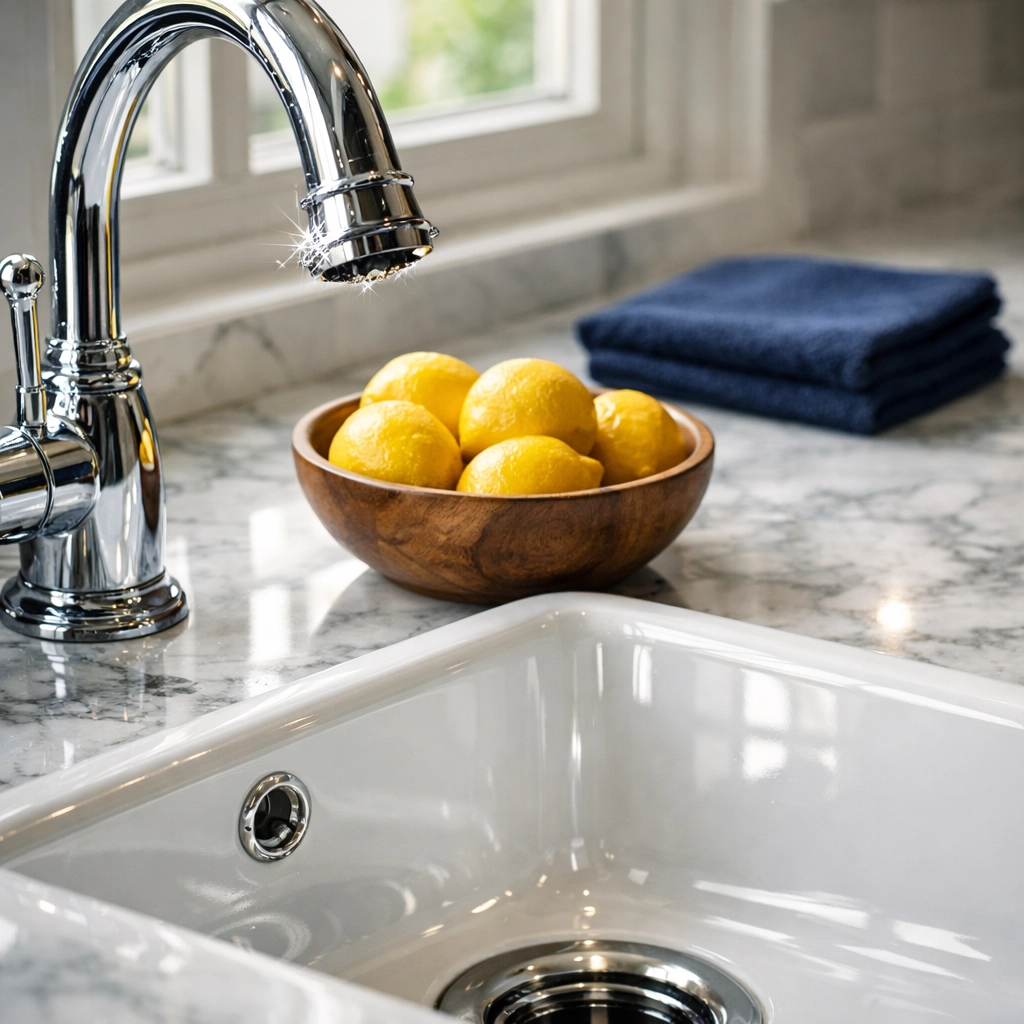 Close-up of a gleaming chrome kitchen faucet and marble counter after an expert house cleaning Ashby service.