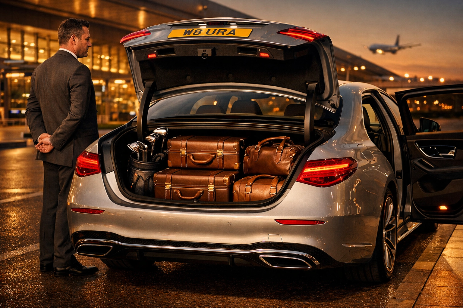 Mercedes-Benz airport transfer vehicle with spacious luggage compartment for Nottingham travelers