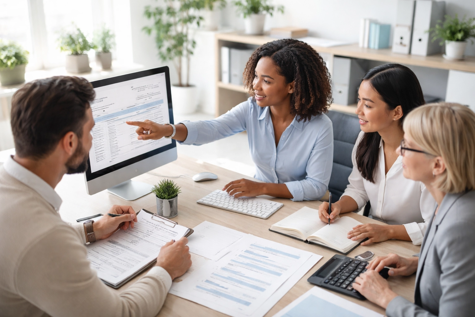 Team of billing specialists collaborating in a modern office for professional healthcare billing services.