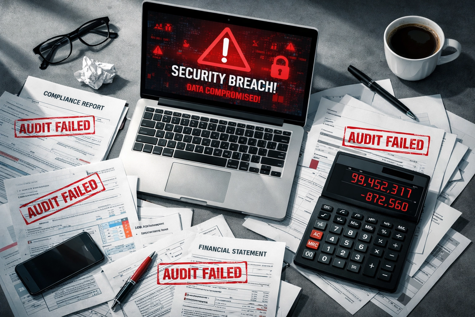 Failed HIPAA audit documents and security breach alert on desk showing compliance failure costs