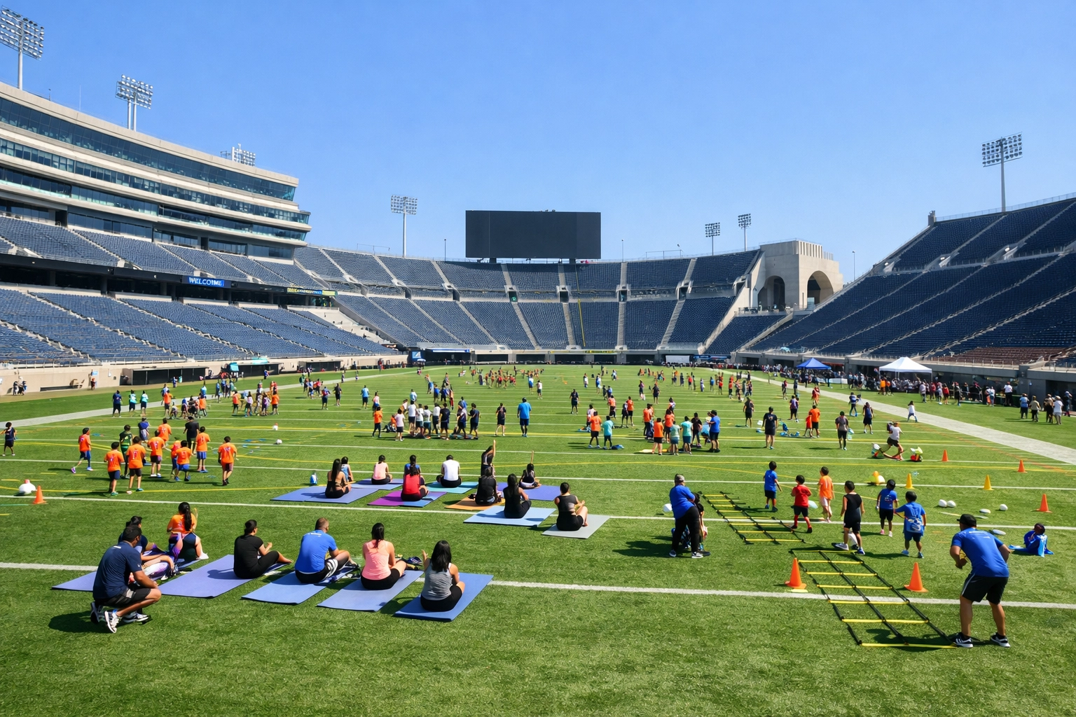 A community fitness event on a stadium field showcasing year-round brand activation and off-season venue marketing.
