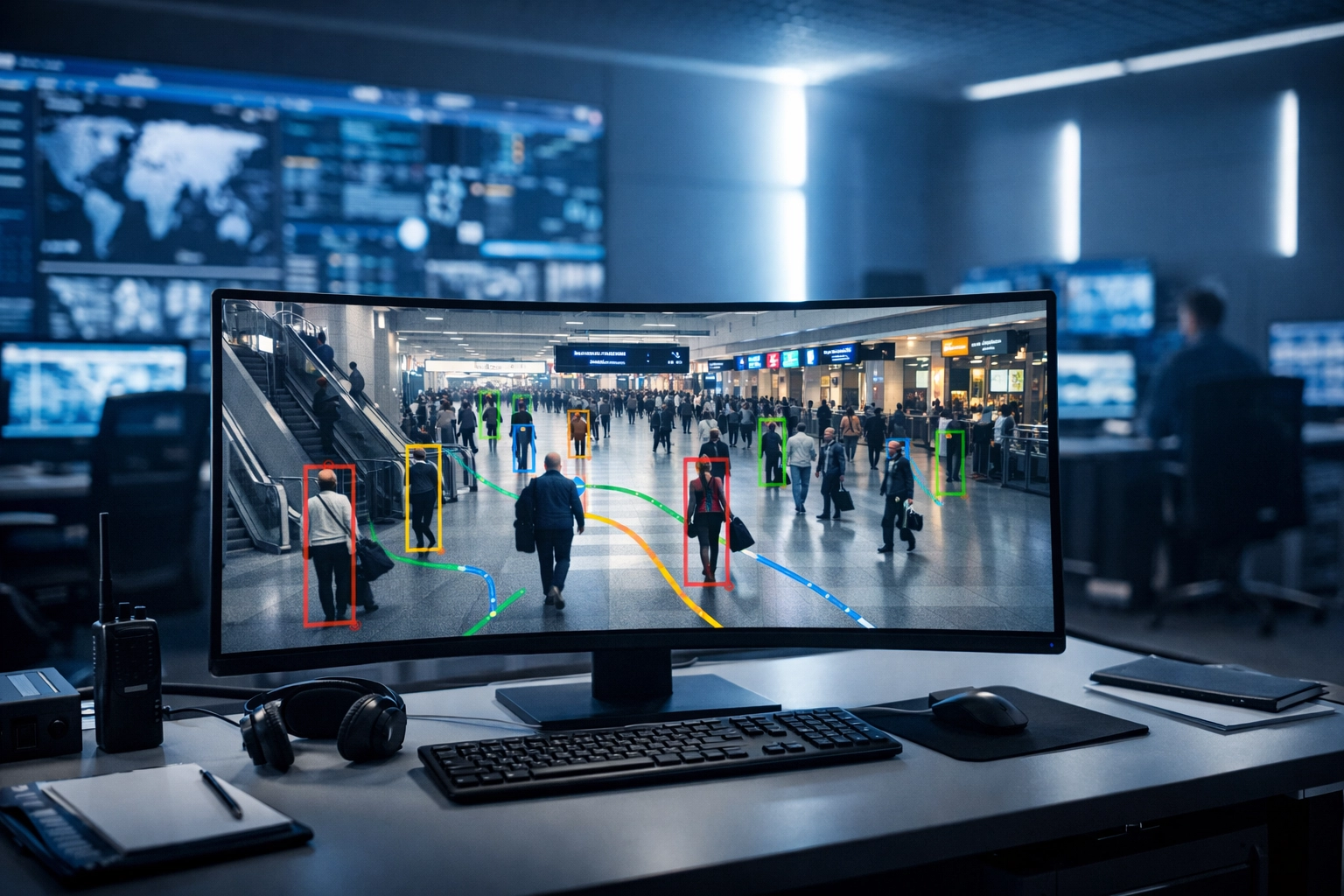 Professional security operations centre displaying AI video analytics for 24/7 venue monitoring and safety.