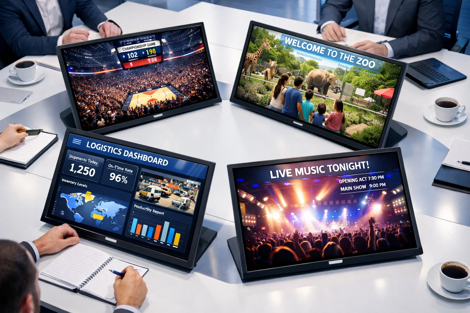 Unified digital signage strategy across sports, entertainment, zoo, and logistics sectors displayed on touchscreens