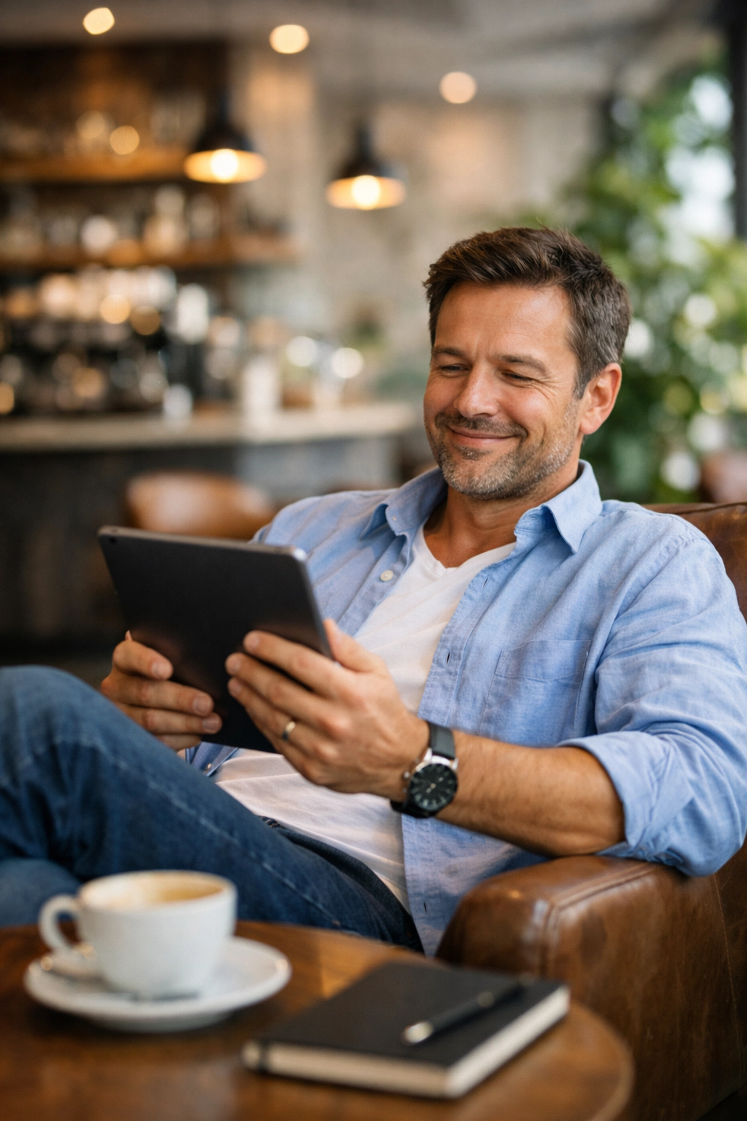 A smiling entrepreneur using a tablet to manage an automated sales funnel while working remotely.