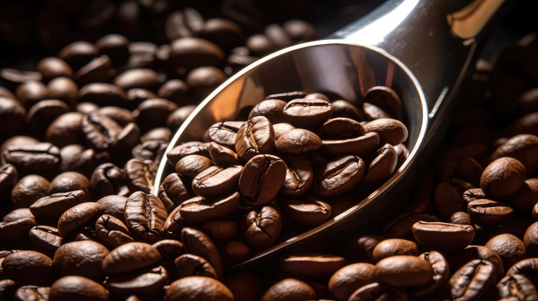 Evenly roasted coffee beans in a steel scoop