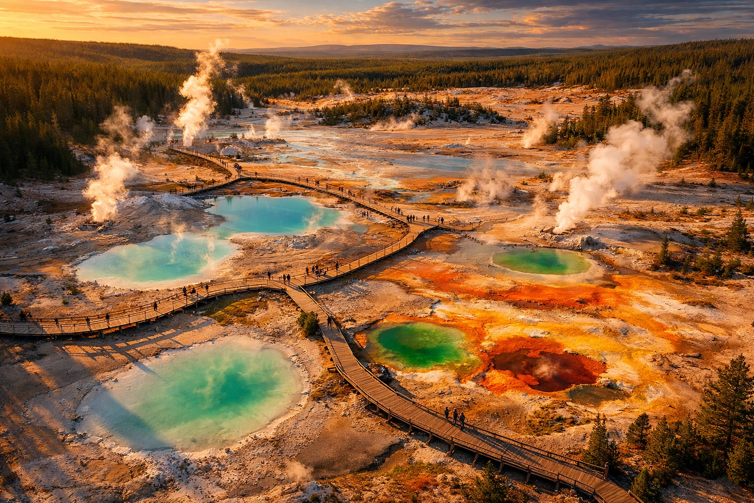 Norris Geyser Basin thermal pools displaying colorful minerals on Yellowstone class trip
