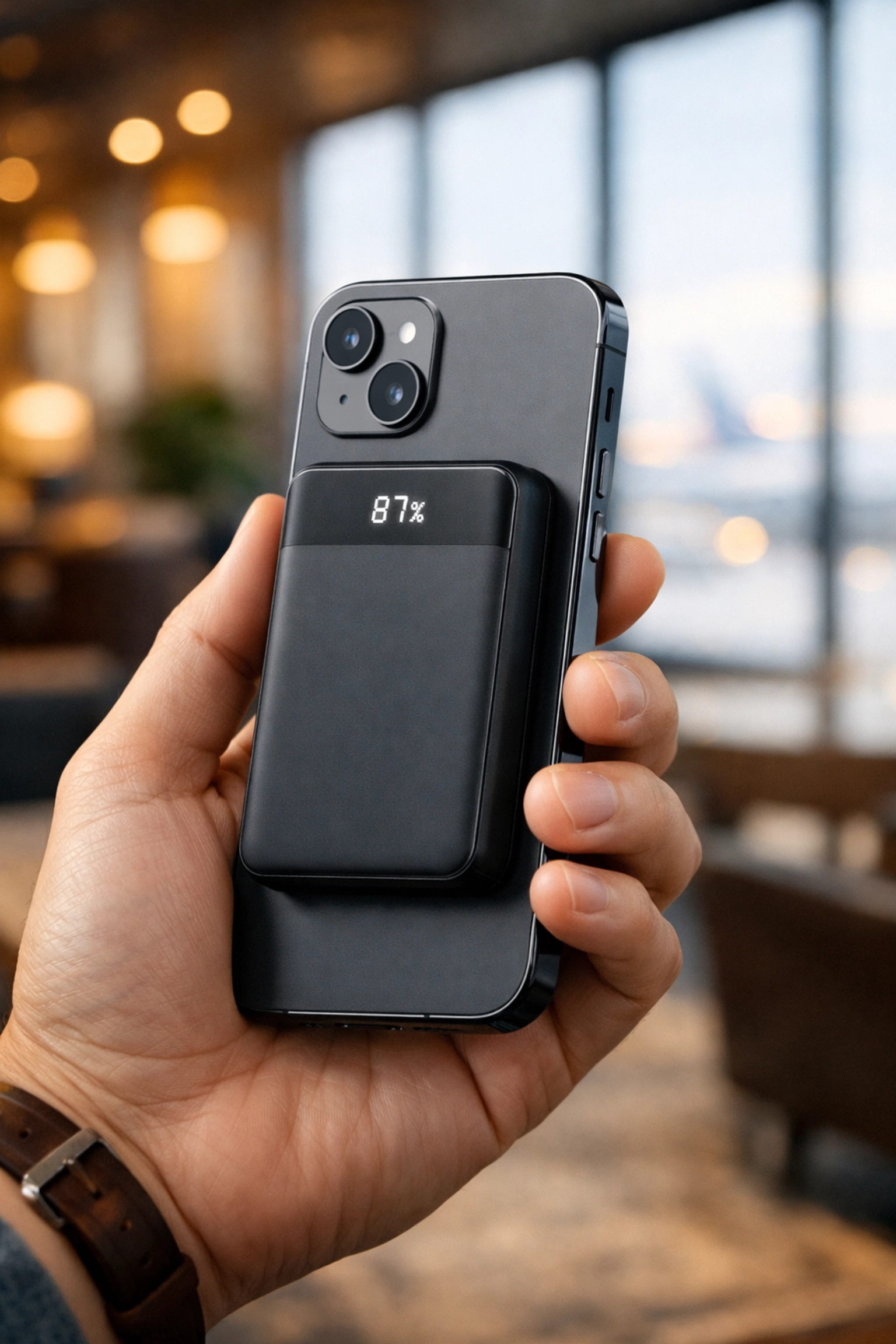 Compact magnetic power bank snapped to the back of a smartphone for wireless travel charging.