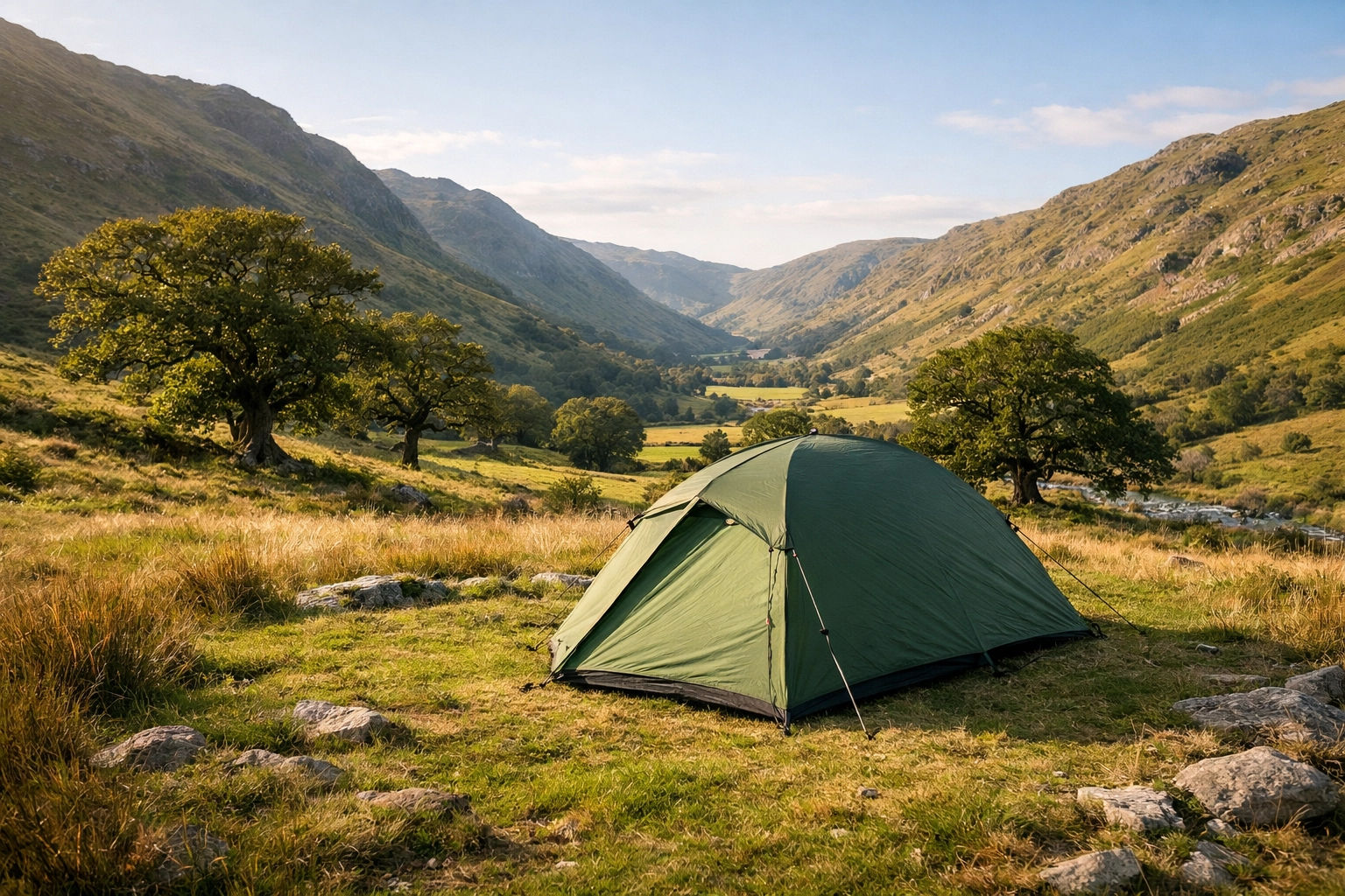 A sturdy green tent pitched in a valley for a wild camping adventure in the UK.