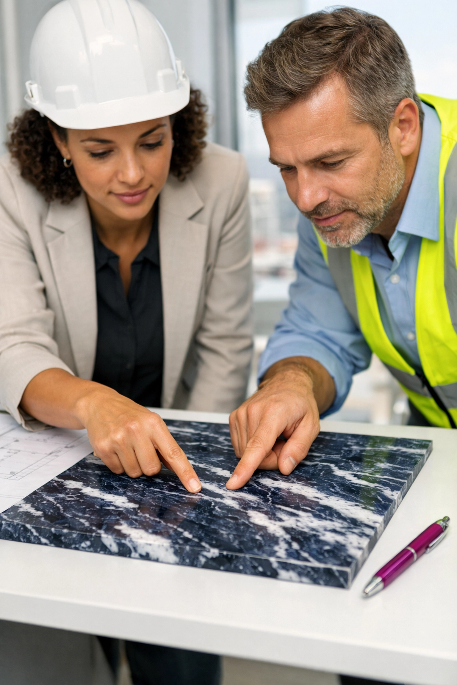 Professionals inspecting a 100% recycled plastic panel with a navy and white marble finish in a site office.