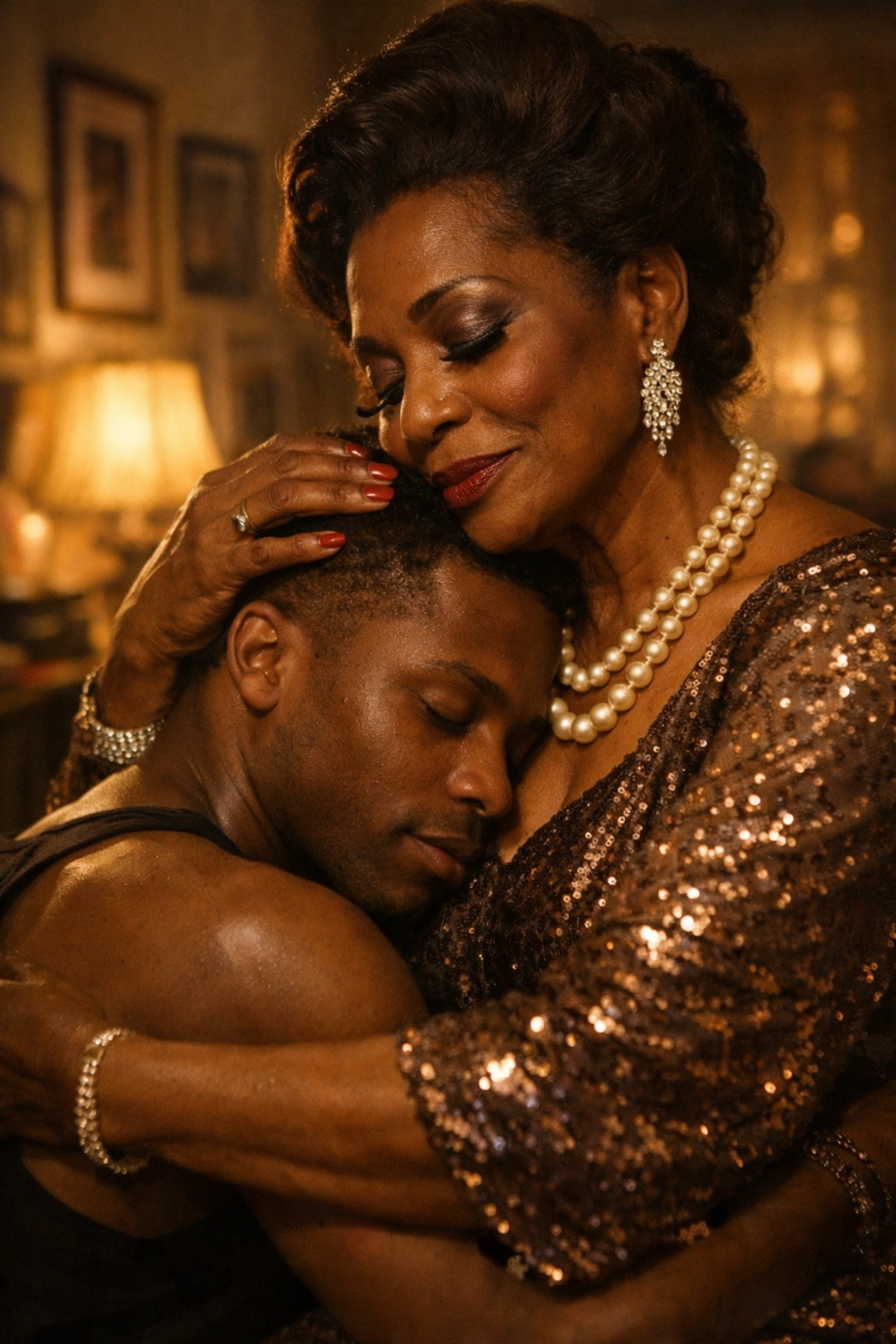 Legendary 1980s NYC House Mother embracing a young gay man in a Harlem apartment sanctuary.