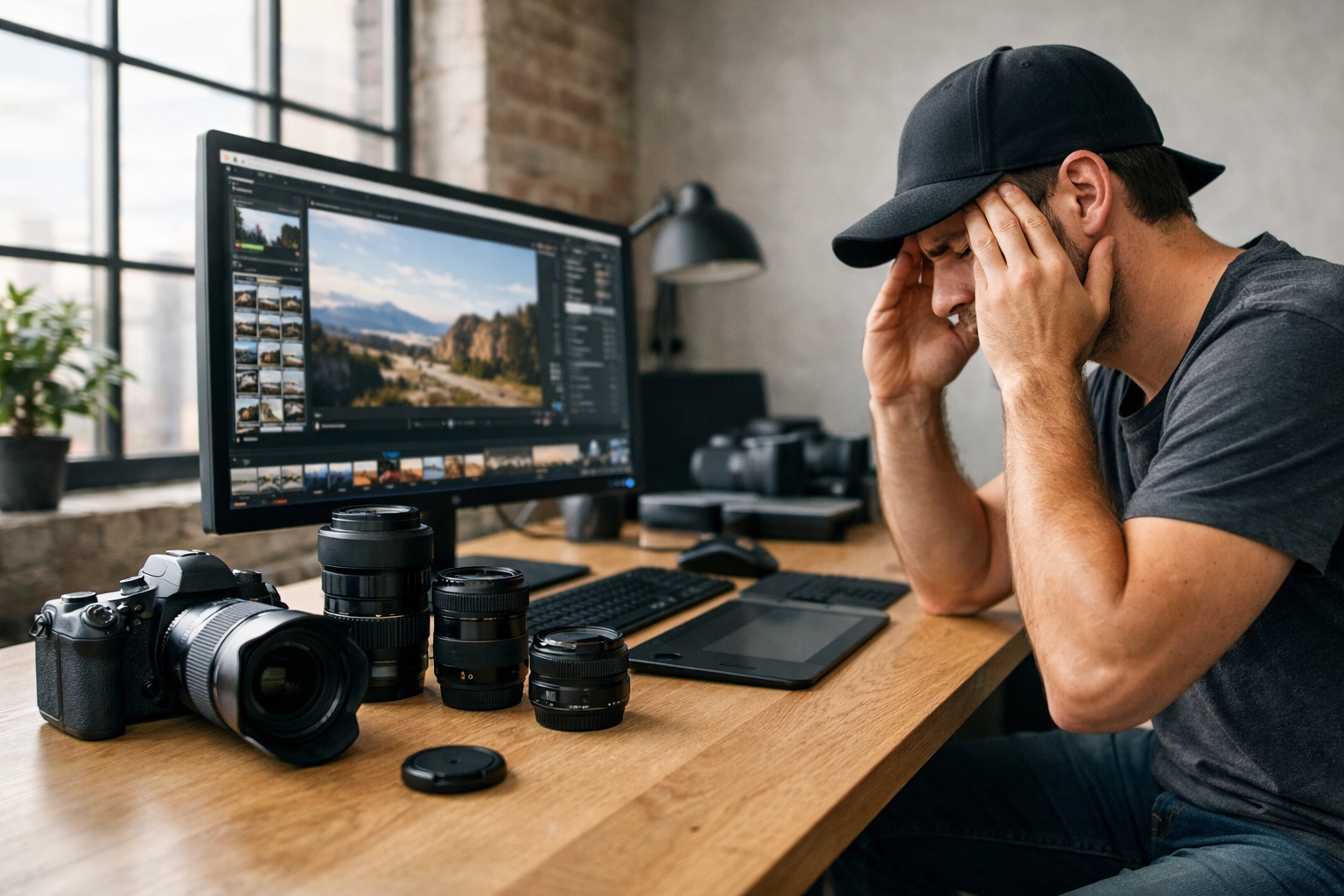 How to Compress Professional Photos in Seconds Using Pixel-Shrink.com 1 Professional photographer at a desk managing a heavy digital image workflow.