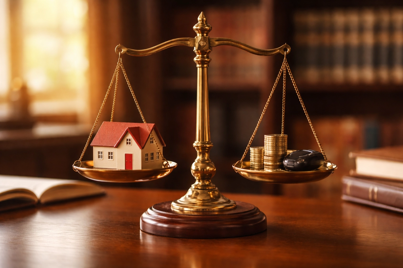 Balanced legal scale with house, coins, and car key symbolizing equitable property division in Virginia divorces