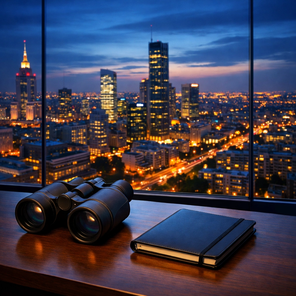 Binoculars on an executive desk representing strategic foresight in competitive analysis for GHL agencies.