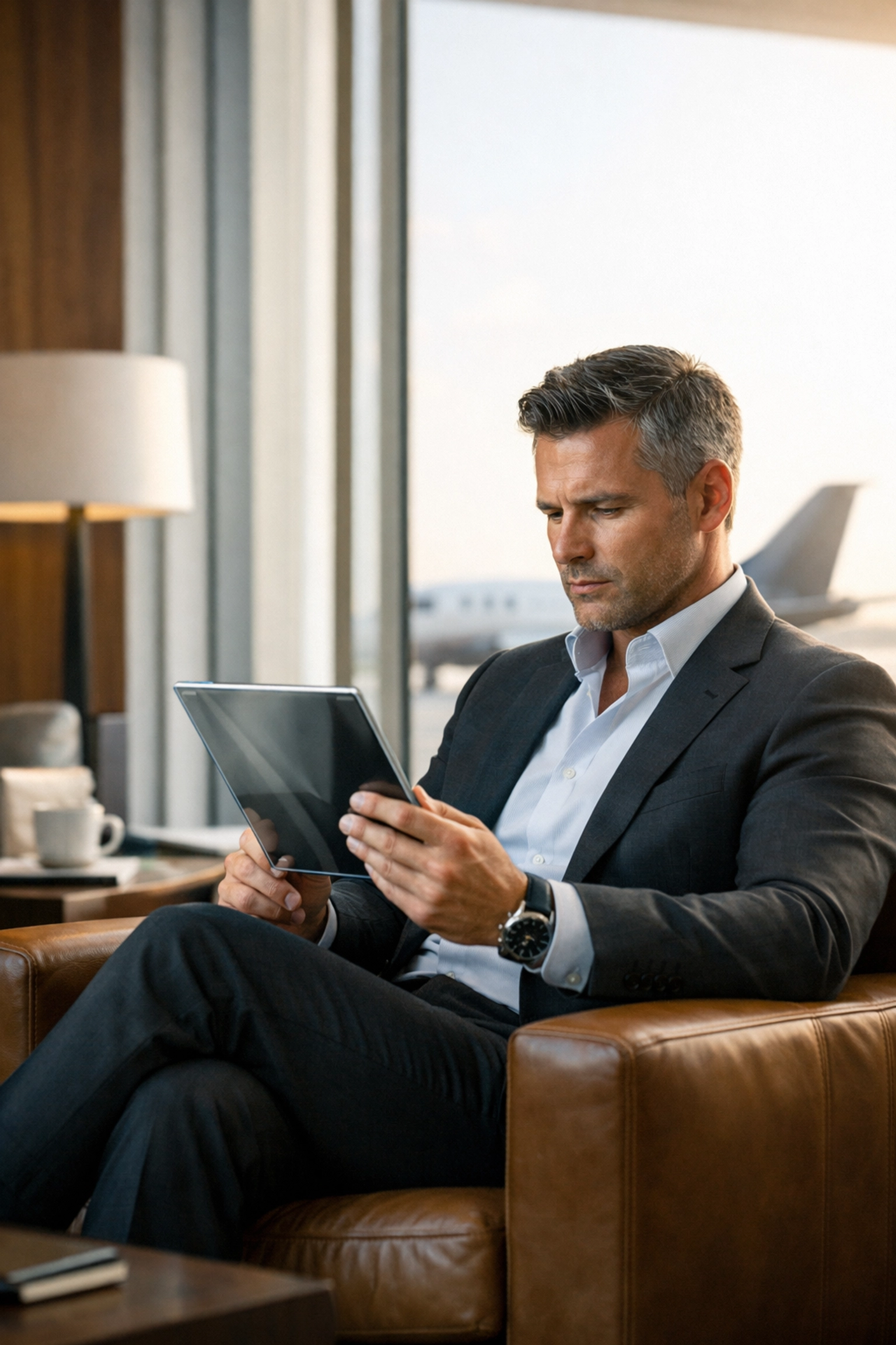 An executive evaluating a private jet charter quote on a tablet in a luxury airport lounge.