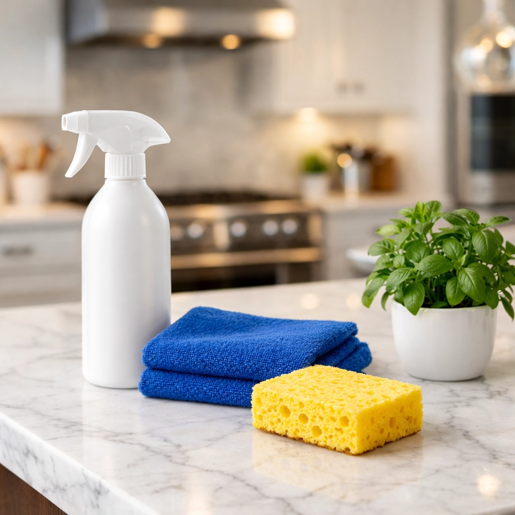Eco-friendly residential cleaning Massachusetts tools on a clean marble kitchen island in a modern home.