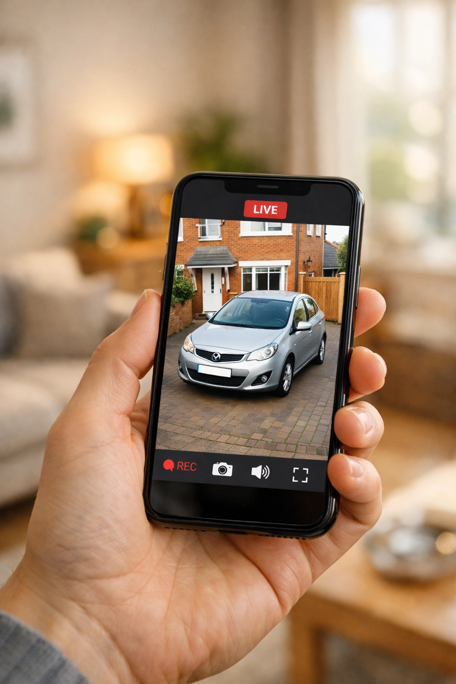 Remote viewing of a home CCTV system on a smartphone, showing a secure driveway in the UK.