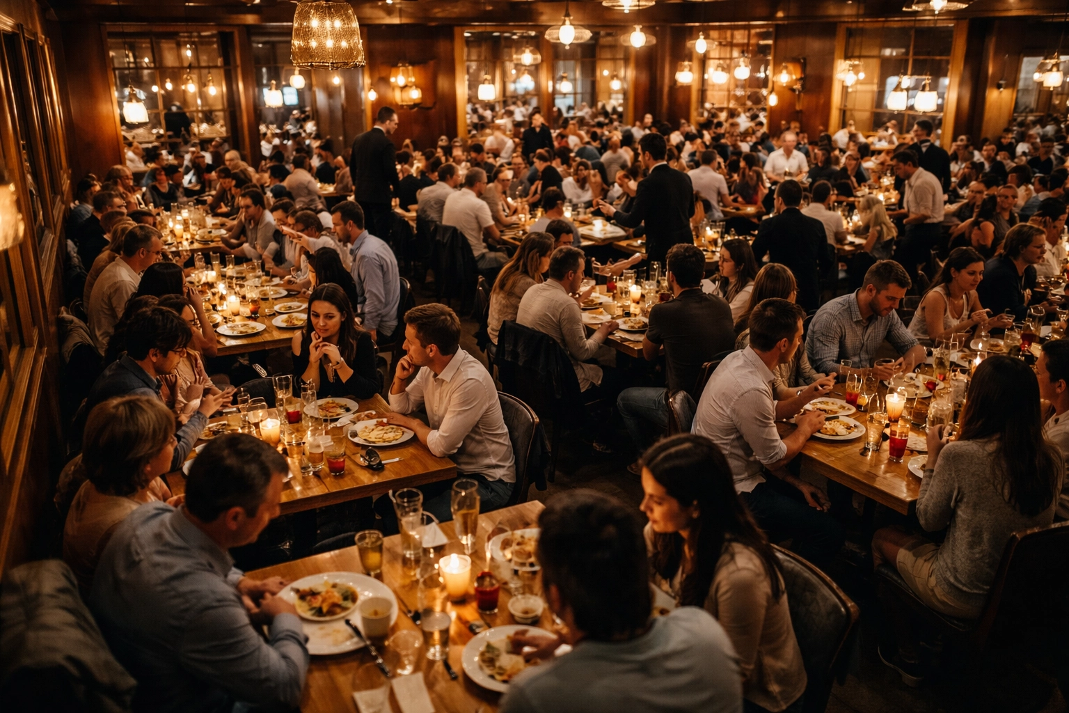Busy restaurant dining room illustrating crowding, increased risk, and need for safety coverage
