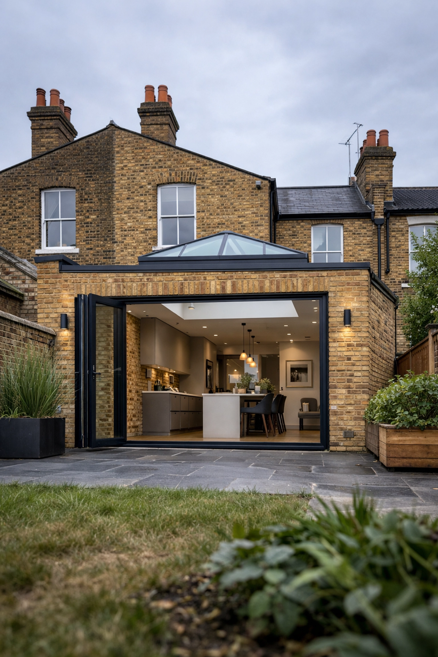 Modern rear side-return extension in London featuring glass bifold doors and matching Victorian brickwork.
