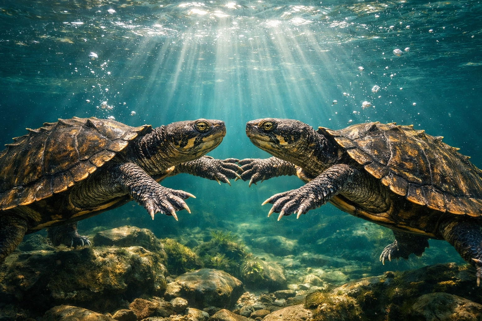Two male turtles engaging in a courtship dance, illustrating same-sex behavior in the wild.