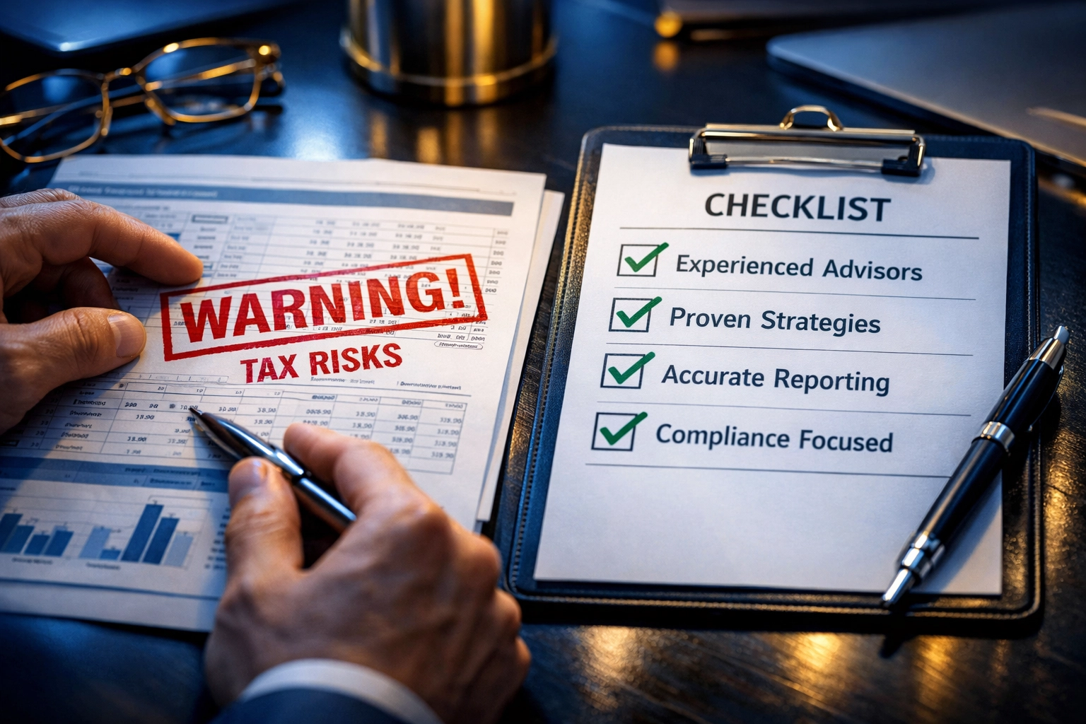 Tax advisor evaluation checklist showing red flags and approved strategies