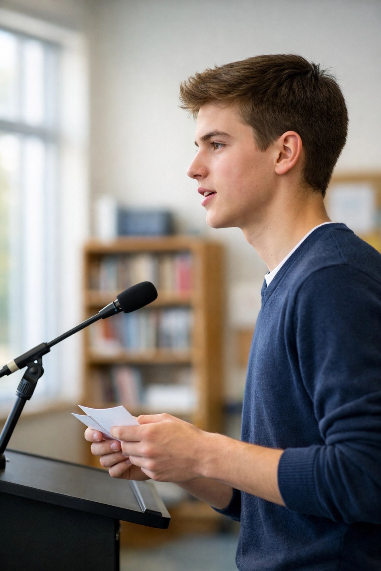 High school student giving a persuasive presentation during a classroom civics speech contest.