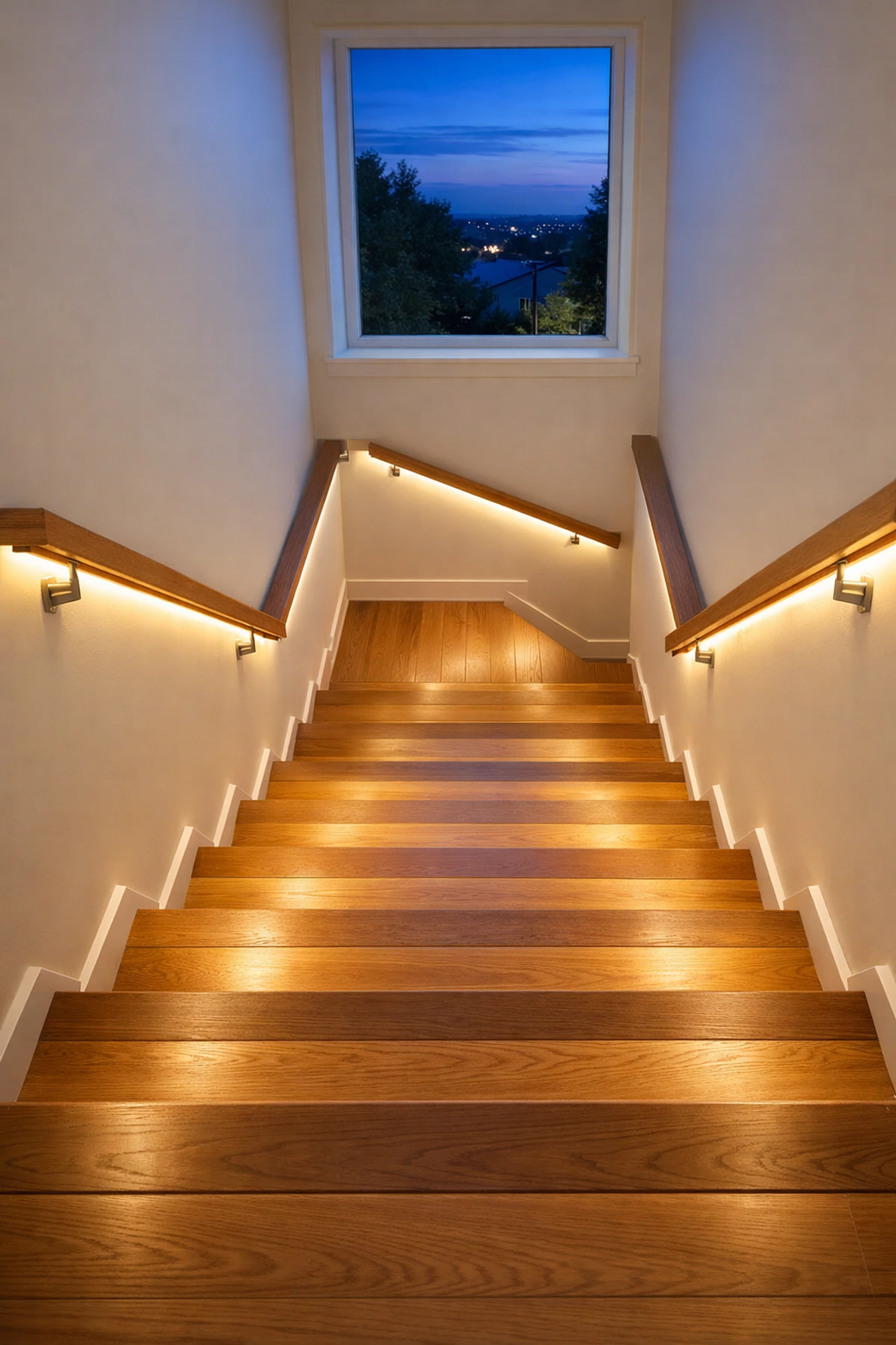 Wooden staircase with LED strip lighting under the handrail for clear visibility and stair safety.